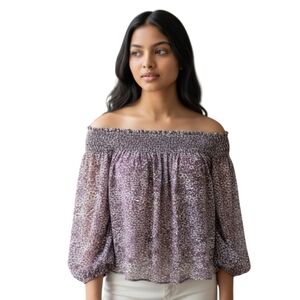 Ann Taylor LOFT Peasant Top Purple Floral Off Shoulder 3/4 Sleeve Shirt XS